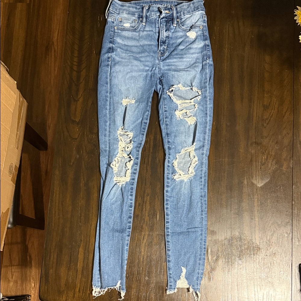 American Eagle Outfitters Ripped Blue Skinny Jeans SUPER HI RISE JEGGING